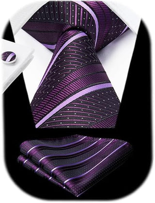 Men's Ties Set Stripe Plaid Ties for Men and Pocket Square Cufflinks Formal Silk Necktie