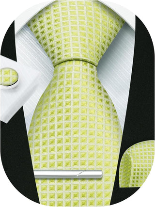 Plaid Ties for Men Classic Checkered Tie and Pocket Square Cufflinks Tie Clip Set