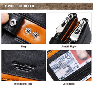 Men's Cowhide Leather Zipper Wallet RFID Blocking ID Card Holder